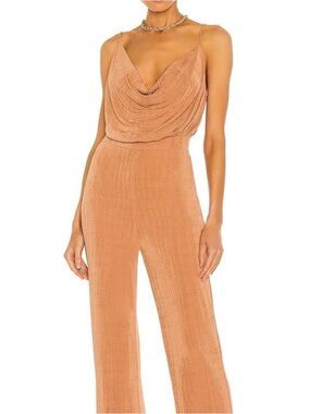 Cowl-Neck Tan Spaghetti-Strap Jumpsuit